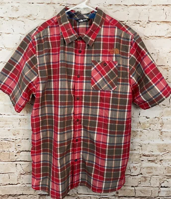 The North Face shirt mens sz XL button up seersucker red plaid short sleeve logo - Image 1 of 4