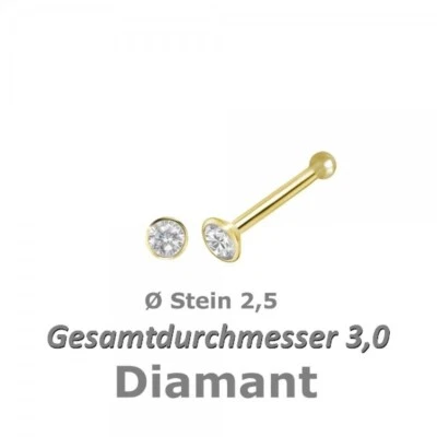 Diamant 750 Gold  Nasenpiercing, Nasenstecker  Kugelstift 3,0 mm NEU - Bild 1 von 2