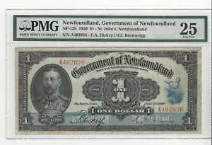 1920 Newfoundland, NF-12b : $1 Note, SN# A402026 Hic/Bro PMG VF-25 - Picture 1 of 2
