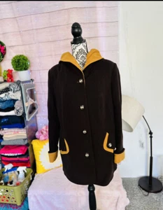 Lady Prestige Women’s Brown Yellow Button Up Hooded Pea Coat Size 54 EU/ L US - Picture 1 of 11