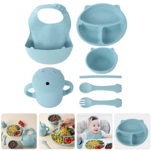 1 Set Baby Divided Plate Dinner Bowl Toddler Bib Silicone Drinking Cup Straw - Picture 1 of 12