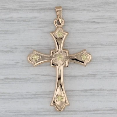 Винтажная религиозная бижутерия кулон с цветочным крестом желтое зеленое золото 14 карат - Изображение 1 из 4