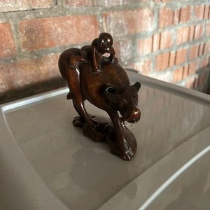 Antique Chinese Carved Wood Mahogany Color Statue Ox or Water Buffalo Man Ridin - Picture 1 of 5