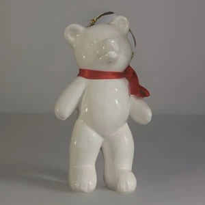 VTG White Ceramic Bear Red Bow Christmas Tree Ornament 5” Tall - Picture 1 of 3