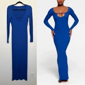 SKIMS Soft Lounge Long Sleeve Dress Keyhole Cobalt Blue Ribbed Women's Large - Picture 1 of 10