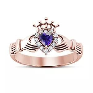 Corazón Imitación Amatista 14K Chapado en Oro Rosa Claddagh Compromiso Alianza - Imagen 1 de 1