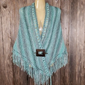 NEW Teal Blue Green Multi Chunky Shawl Wrap Scarf Boho Hippie Handmade Knit - Picture 1 of 6