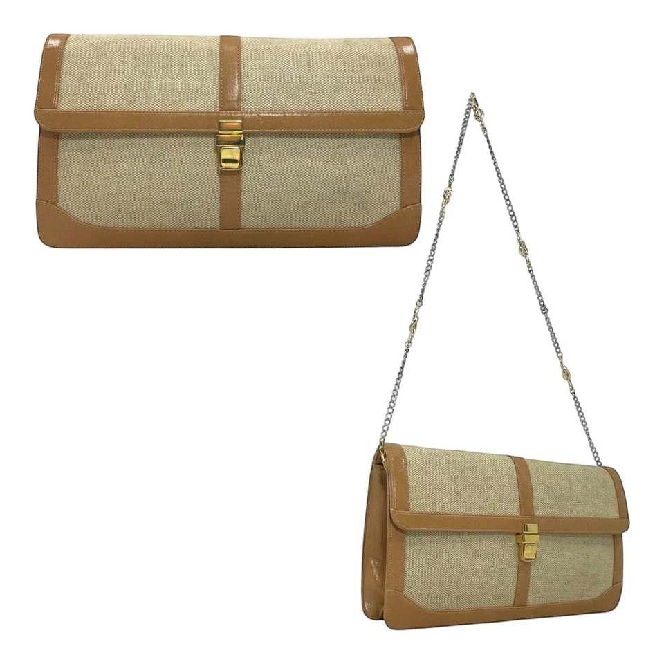 Vintage 60s 70s ZENITH Tweed Leather Convertible Clutch Bag Handbag Chain Strap - Image 1 of 4