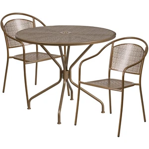 35.25'' Round Gold Indoor-Outdoor Restaurant Table Set with 2 Round Back Chairs - Picture 1 of 3