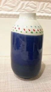 Handmade Studio Pottery Stoneware Bud Vase Blue/White/Dots Signed "Lola" - Picture 1 of 8