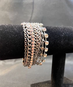 Chico's Unique Silver Tone Multi Strand Slide On Stretch Bracelet w/Rhinestones - Picture 1 of 9