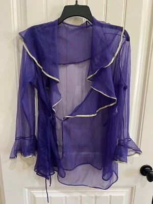 Vtg 90s Cinema Etoile Sz M Purple Gold Sheer Nylon Chiffon Robe Belt Top - Image 1 of 3