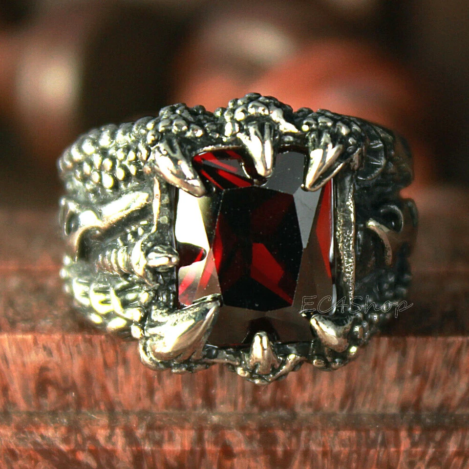 Anillo de motociclista retro para hombre garra de dragón circonita cúbica roja versión de la mejor calidad Foto 1 de 4
