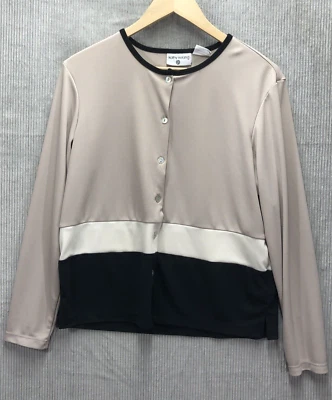 Kathy Ireland Blouse Size Medium Colorblock Beige Black Button Down Career - Image 1 of 4