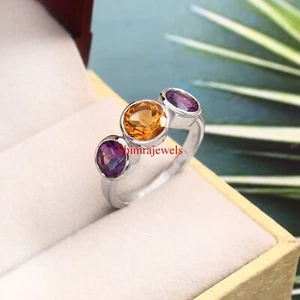 Natural Citrine & Amethyst With 18K White Gold Plated Silver Women's Ring #1238 - Picture 1 of 11