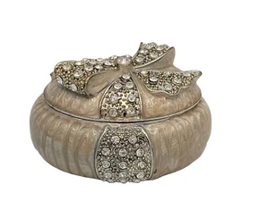 Jeweled Enamel Trinket Box Egg Shaped Hinged Silver And Rhinestone Bow Vintage - Picture 1 of 9