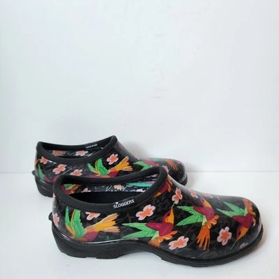 Sloggers Garden Shoes Womens Size 7 Rain Clogs Black Floral Birds Made In USA - Image 1 of 4