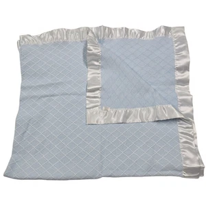 Amana Iowa Woolen Mill 100% Baumwolle Babydecke Blau Rautengewebe Satinborte - Bild 1 von 4