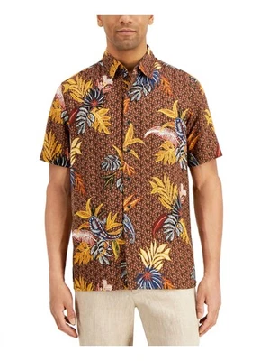 Camisa de seda con botones calce clásico estampada marrón con cuello TASSO ELBA para hombre S Foto 1 de 3