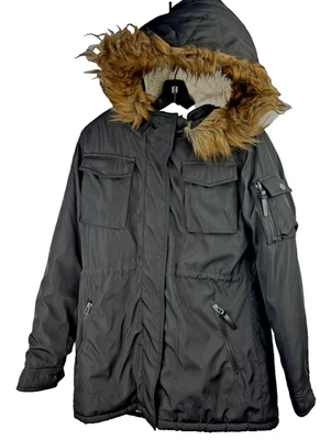 Abrigo chaqueta con capucha de piel sintética Xoxo para mujer 4 bolsillos, cremalleras y corbatas Foto 1 de 4