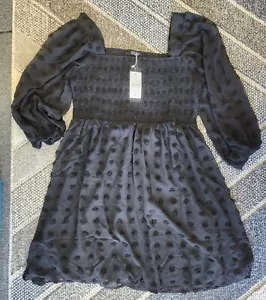 Miessial Women's Long Sleeve Square Neck Mini Dress Lace Ruched Flowy, Black, XL - Picture 1 of 5