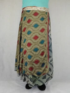 Ladies Indian Recycled Sari Wrap Around Reversable 2 Layer Skirt Full Length - Picture 1 of 3
