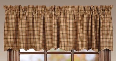 Lodge Style Window Valance Lined Red Navy Blue Tan Plaid Scalloped Hem Millsboro - Image 1 of 4