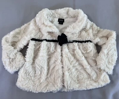 Holiday Editions Girls Faux Fur Ivory  Elegant Coat w/ Black Flower Front Sz 4 - Image 1 of 4
