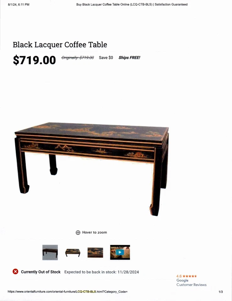 Nueva Mesa de Centro $719 Oriental Furniture Chinoiserie Laca Negra Dorada con Vidrio Foto 1 de 4