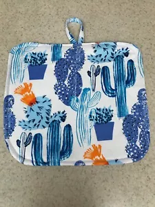 Pot Holder / Loop to Hang -Quilted Back / Bright Blue Cactus on White Background - Picture 1 of 1