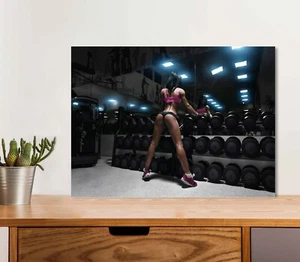 Girl Near Dumbell Stand Posing 5mm thick Plastic Poster Ready to Hang 60x45cm - Picture 1 of 3