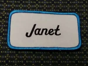 JANET NAME TAG BLUE AND WHITE Iron or Sew-On Patch - Picture 1 of 2