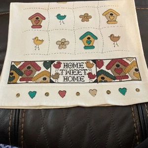 Completed Crosstitch full-size kitchen towel bird houses handsewn by Seller new - Picture 1 of 2