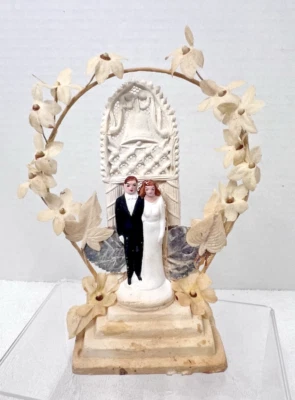 Antique Wedding Cake Topper w Fabric Flowers Steps & Bell Trellis Red Heads - Image 1 of 4