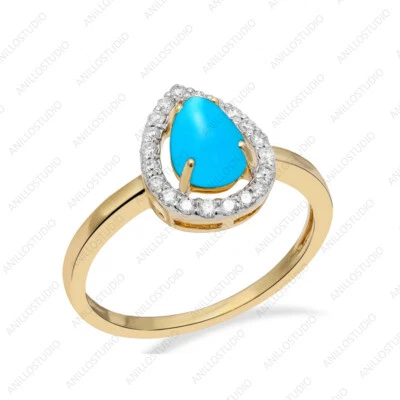 Anillo de compromiso de pera natural Arizona turquesa delicado halo en oro amarillo de 14 k Foto 1 de 4