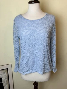 Chicos Blouse Size 1 M Overlay Long Sleeves Floral Lace Pastel Blue Lined - Picture 1 of 10
