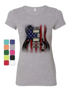 American Flag Guitar Women's T-Shirt Rock and Roll Music Art 4th of July Shirt - Picture 1 of 7