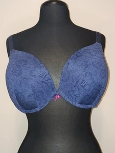 Cacique Bra Full Coverage Navy Blue  Lace Sz 44C With Pink Bow In Center - Picture 1 of 5