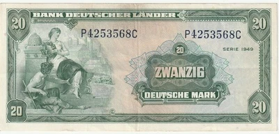 Germany Federal Republic Bank 20 Mark Banknote Series 1949 Nice Extra Fine #17-A - Image 1 of 2