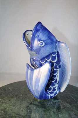 Vintage Blue WhiteChinoiserie Chinese Koi Fish Hand Painted 8" Tall Vase - Image 1 of 4