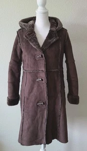 Vintage Penny Lane Fur Faux Suede Long Boho Hippie Coat Brown 10 12 Small Hood - Picture 1 of 9