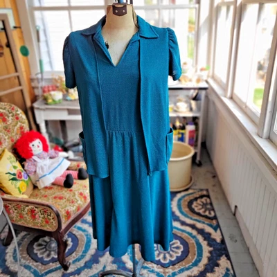 Vestido de sol vintage de felpa suave cintura ceñida con cárdigan talla M-L Foto 1 de 4