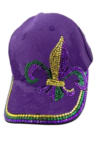 Purple Mardi Gras Fleur De Lis Rhinestone Baseball Cap - Picture 1 of 1
