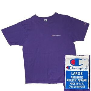 Vtg 70 80’s Champion USA made Purple SPELLOUT Logo Athletic Streetwear T Shirt L