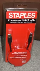 STAPLES 6' High-Speed USB 2.0 Cable - CONNECTOR A / CONNECTOR B Plug NEW - Picture 1 of 2