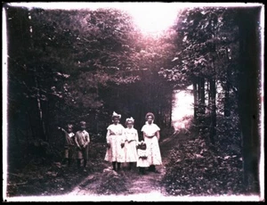 (1) LATE 1800s or EARLY 1900s GLASS NEGATIVE,  PEOPLE, KIDS ON PATH IN THE WOODS - Picture 1 of 2