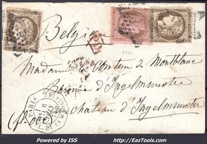 FRANCE N°54+56x2 SUR LETTRE POUR LA BELGIQUE ETOILE CAD OCTOGONAL DU 06/06/1874 - Picture 1 of 2