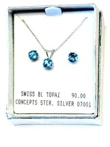 Concepts Non-Allergic Sterling Silver 5mm BLUE TOPAZ Necklace & Earrings Set - Picture 1 of 1