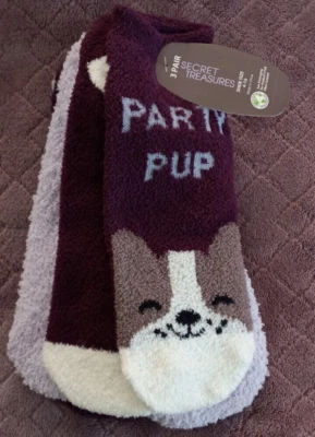 Secret Treasures Women's Low Cut Cozy Sock, 3-Pack, Purple Party Pup - Image 1 of 3