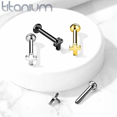 Implant Grade titanium Internally Threaded Cross Top Labret Studs Ear Cartilage  - Image 1 of 4